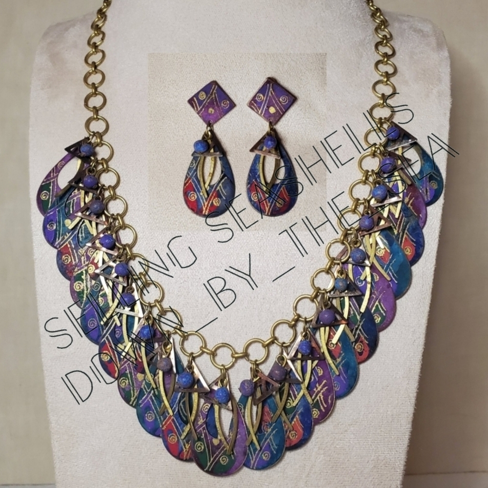 Vintage Jody Coyote Mixed Metal and Paint Peacock Necklace and Earring Set